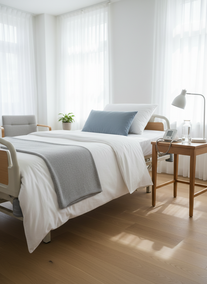 A neatly made hospital-style adjustable bed with crisp white cotton linens, a soft heather-gray throw blanket folded at the foot, and a pale blue supportive pillow arranged at the head. The bed is positioned in a bright, tidy living room with light oak flooring, a small wooden side table holding a digital blood pressure monitor, water carafe, and a reading lamp. Gentle midday natural light filters through sheer white curtains, casting soft, reassuring shadows. Photographic realism at eye level with a slight angle toward the bed, sharp focus on the caregiving equipment and comforting fabrics, background subtly blurred. The mood is calm, safe, and professional, emphasizing comfort and in-home medical support in a clean, modern aesthetic.