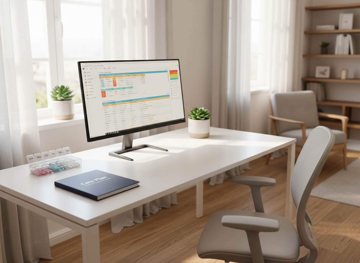 A spacious, sunlit home office corner adapted for remote care coordination, featuring a clean white desk with a large, slim computer monitor displaying an organized care schedule interface, a closed navy-blue care folder labeled “Care Plan,” and a neatly arranged pill organizer with clearly marked days. The desk sits near a large window with filtered afternoon light, illuminating a light-gray ergonomic chair and a small planter with a hardy green plant adding warmth. Photographic realism from a slightly elevated angle, with crisp detail on the screen and care materials while the rest of the room gently softens into the background. The atmosphere is organized, trustworthy, and professional, reflecting efficient home care management and clear communication in a modern residential setting.