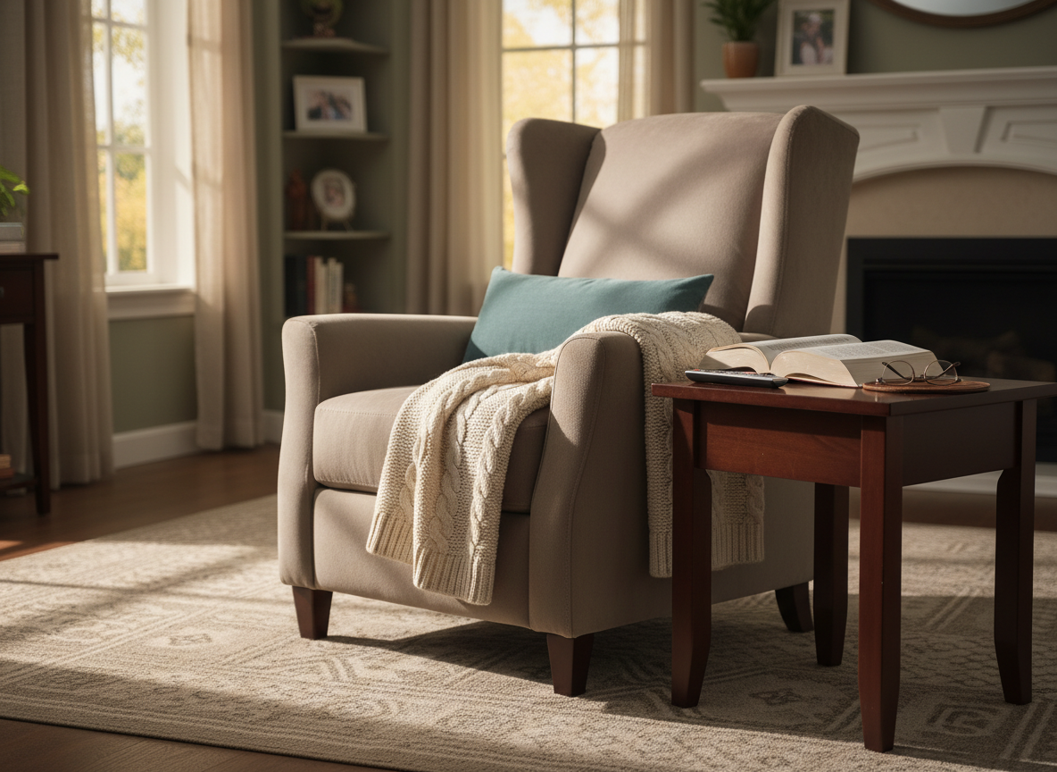 A cozy living room scene centered on a plush, high-backed recliner chair upholstered in soft taupe fabric, with a folded cream-colored knitted blanket draped over one arm and a supportive lumbar cushion in muted teal. A sturdy wooden side table nearby holds a large-print book, television remote, and a pair of reading glasses resting on a leather coaster. Warm late-afternoon sunlight streams through side windows, creating gentle highlights on the fabric texture and subtle shadows across a neutral rug. Captured in photographic realism at eye level with a shallow depth of field, the chair and table are in crisp focus while the rest of the room gently blurs. The mood is inviting, comfortable, and safe, emphasizing at-home relaxation and daily living support.