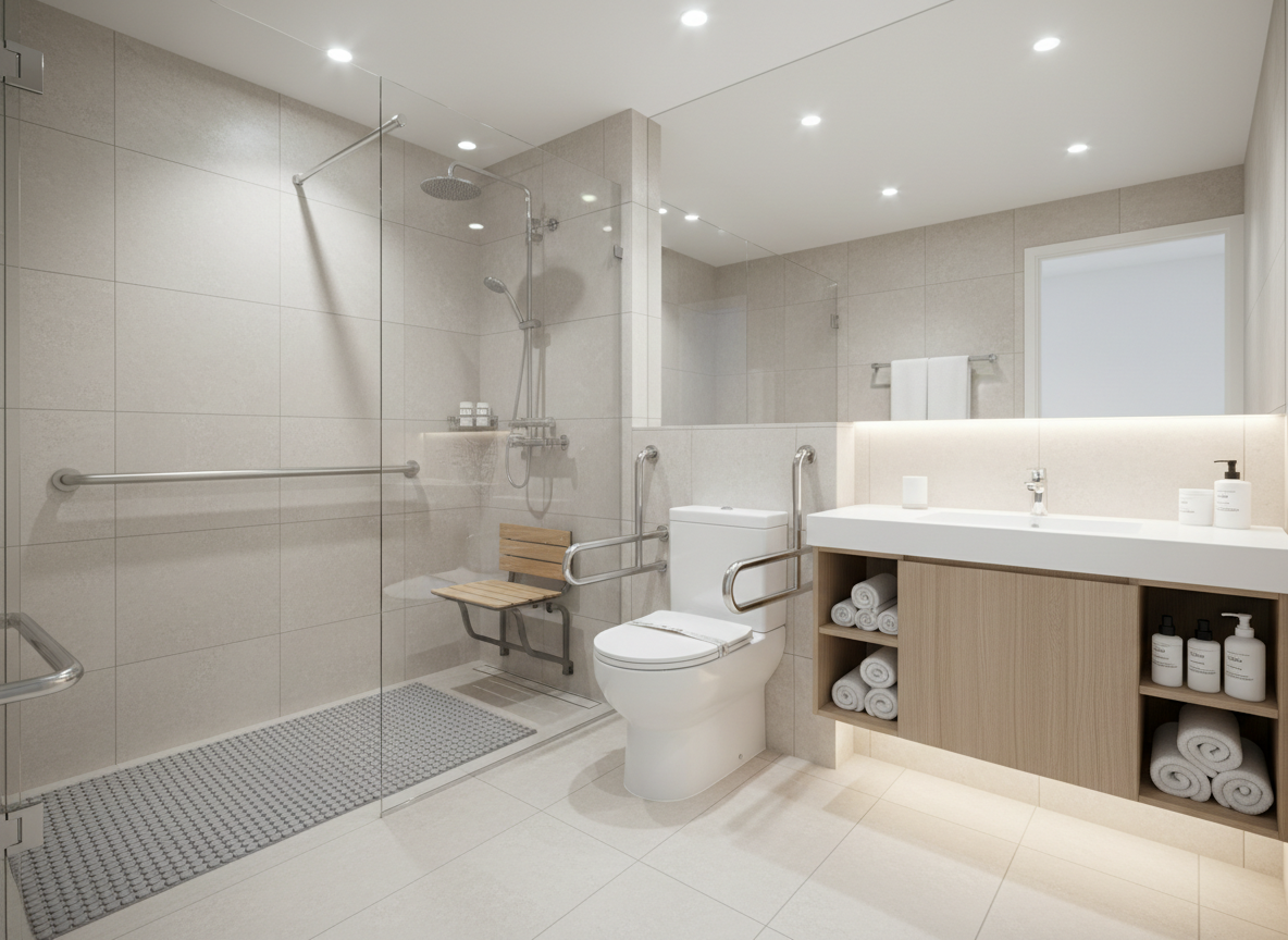 A modern bathroom equipped for safe home care, featuring a walk-in shower with clear glass panels, a sturdy stainless-steel grab bar, a fold-down teak shower seat, and a textured non-slip floor mat in soft gray. Nearby, a raised-height white toilet with side grab bars sits beside a small cabinet neatly stocked with rolled white towels and labeled personal care products. Bright, cool-toned overhead lighting and indirect LED strip lighting under a floating vanity create a clean, clinical yet homey feel, casting crisp reflections on large light-beige tiles. Photographic realism from a slightly wide, eye-level perspective ensures the entire layout is visible. The atmosphere is reassuring, hygienic, and thoughtfully designed for safety and independence in daily routines.